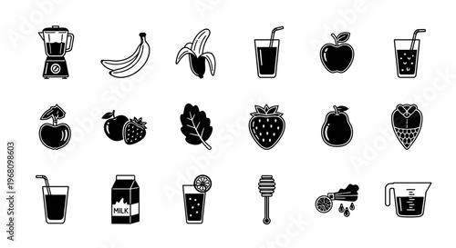 Healthy Smoothie Ingredients and Equipment Icons in Bold Black and White Style