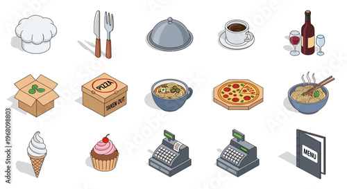Illustrated Culinary and Restaurant Icons Representing Various Food and Beverage Concepts