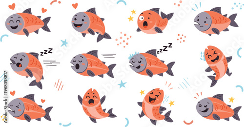 Cute salmon fish emotions icons set with happy sad sleepy angry expressions cartoon aquatic animals illustration collection