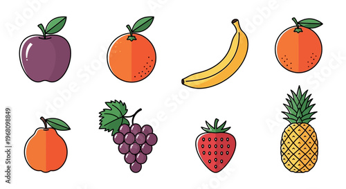 Illustrated Fruits Collection Featuring Apple, Orange, Banana, Grape, Strawberry, Pear and Pineapple