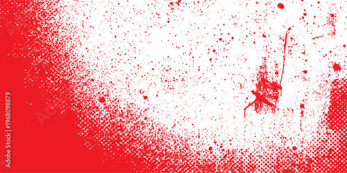 Red abstract background with dots features a festive Christmas design of red paint splatters and ink splashes on a vector grunge texture backdrop