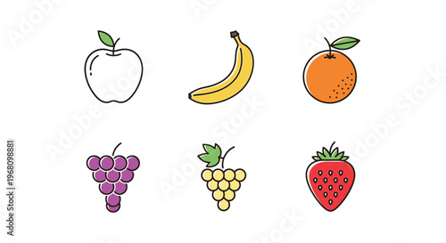Illustrated fruits set representing healthy eating and diverse fresh produce assortment
