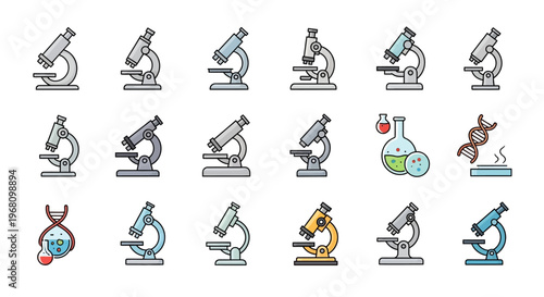 Illustrated Icons Depicting Microscopes and Scientific Elements for Research and Education