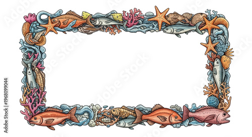 Colorful Ocean Creatures Border Frame.