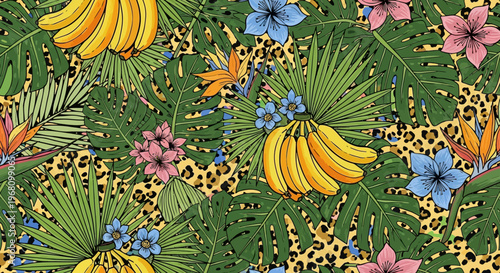 Tropical bananas and colorful flowers arrangement.