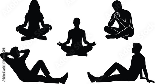 Collection of diverse black silhouettes people sitting in various meditation and yoga poses for mindfulness relaxation wellness and spiritual practice