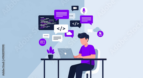 Man working on laptop with code.