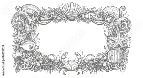 Sea creatures frame border design.