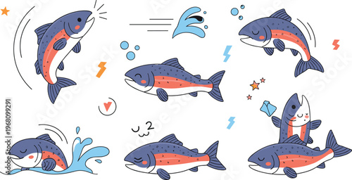 Cute salmon fish characters collection with jumping swimming playful aquatic animals cartoon seafood and marine illustration set