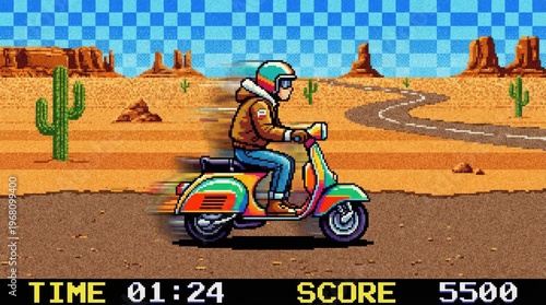 Man riding scooter in desert on pixel art video game background. Retro 8 bit console interface with score and timer. Digital adventure exploration concept for gaming and virtual hobby.