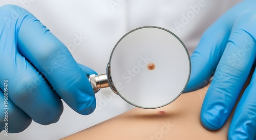 Medical professional examining a skin lesion with a dermatoscope