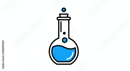 Illustration of a scientific flask containing blue liquid with a cork and bubble design