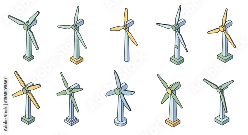 Illustration of a series of wind turbines with their propellers at various angles and perspectives.