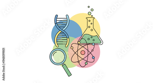 Illustration of Science Concepts: DNA, Atom, Laboratory Glassware, and a Magnifying Glass