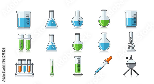 Illustration of Scientific Laboratory Equipment and Chemical Glassware in a Row