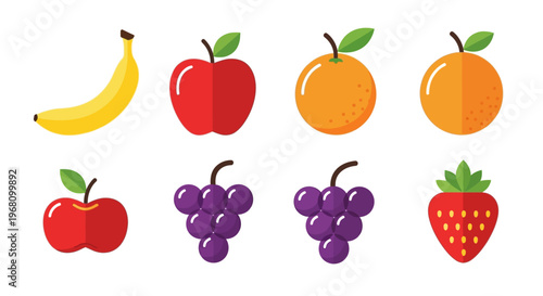 Illustration of various fresh fruits including apples, bananas, grapes, oranges, and strawberry