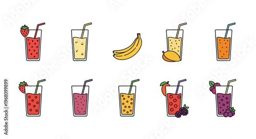 Illustration of various fruit smoothies and fresh juices in glasses with straws