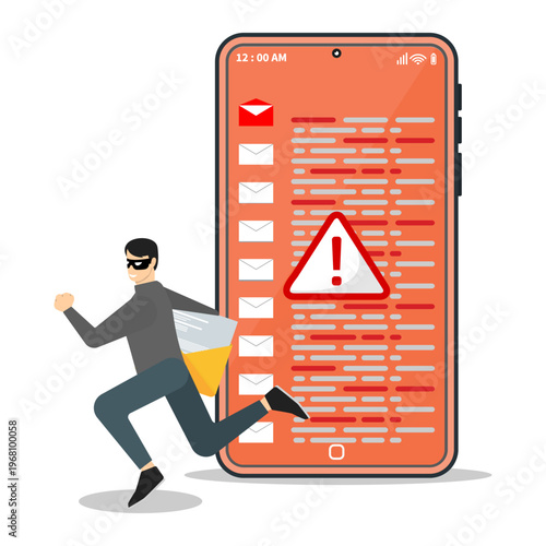 Cybercrime concept showing hacker stealing email data from smartphone inbox with warning alert, representing phishing, spam, and online security threat