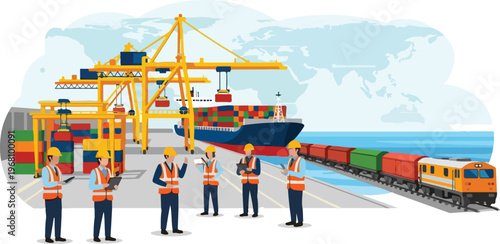Global shipping logistics Cranes loading cargo onto a ship and train at a busy port