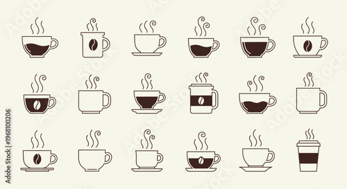 A collection of hot coffee cup line icons with steam, including various mug styles and a takeaway cup, vector illustration on a light background