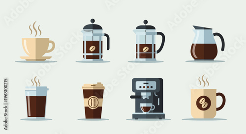 Flat vector illustration of various coffee cups, pots, and coffee machine icons in a collection, on a light background