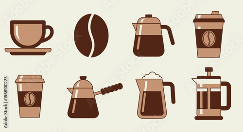 A collection of brown coffee icons including cup, bean, pots, takeaway cup, and French press, vector illustration on a light background