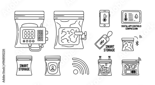 Smart vacuum bags IoT icons with app control sensors bluetooth tracking and temperature monitoring vector