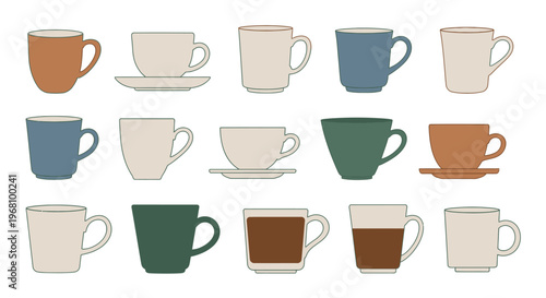A grid collection of sixteen coffee cups and saucers in various pastel colors, vector illustration on a light background