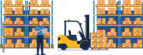 Warehouse worker managing inventory and operating a forklift loading goods onto shelves for distribution