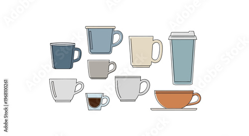 A collection of various coffee cups and mugs in different sizes and shapes, vector illustration on a light background