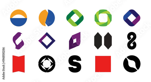 Collection of minimalist graphic designs featuring diverse abstract shapes and vivid color palettes