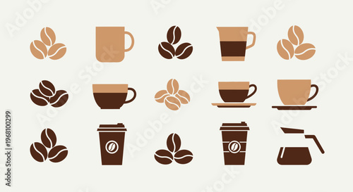 Assortment of coffee cups, roasted beans, and takeaway containers in a flat design on a light beige background.