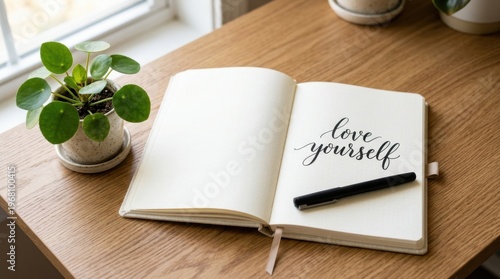 Open notebook with elegant hand-lettering of 'love yourself' and a black pen on a wooden desk, beside a small green plant