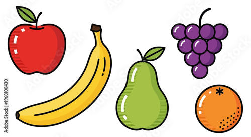 Colorful cartoon illustration showcasing a vibrant assortment of fresh fruits on a white background