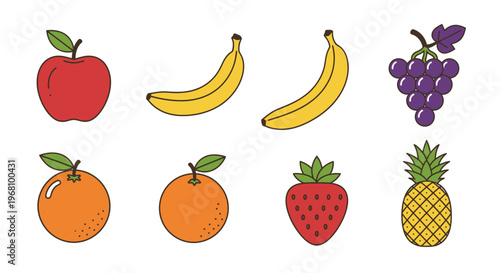 Colorful hand-drawn fruits assortment isolated on white background with outlines, healthy food