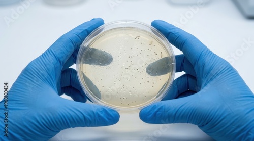 Scientist holding petri dish with bacterial colonies growing on agar medium in laboratory setting