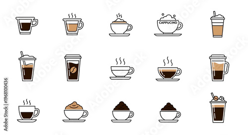 Minimalist outline coffee cups and takeaway beverages icon set, on a bright studio background.