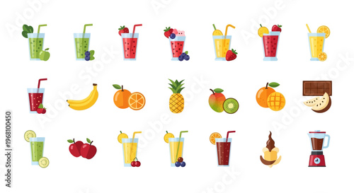 Colorful illustration of healthy fruit smoothies and ingredients on white background