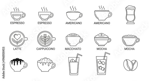 Line Art Icons of Various Coffee Drink Types and Cold Beverages with Text Labels