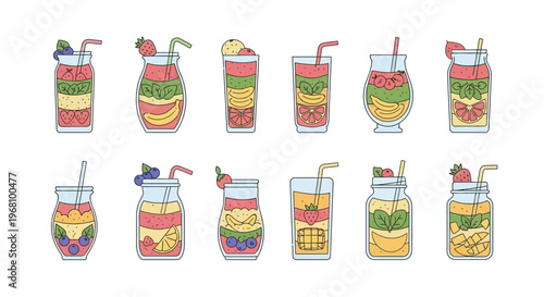 Colorful illustration of various fruit smoothies and layered drinks in different containers