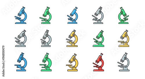 Colorful microscope illustrations for scientific research and educational purposes, vector image