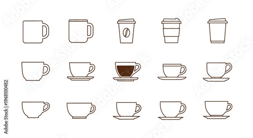 Set of Outline Line Art Coffee Cups and Mugs with Saucers