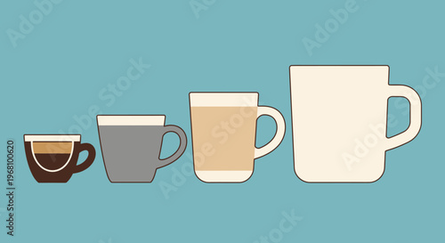 Simple Illustration of Two Different Sized Coffee Mugs in Brown and Cream on a Clean Light Blue Background