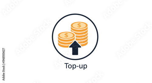 Illustrative icon depicting an upward arrow with stacked coins, symbolizing financial growth, fund replenishment, and a successful top-up of monetary value or available resources