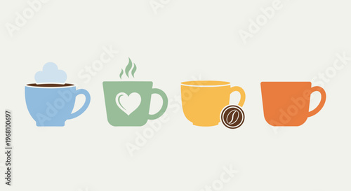 Set of four vibrant steaming coffee mugs in blue, green with a heart, yellow with a coffee bean, and orange, conveying a cheerful mood in a bright studio background.