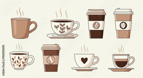 Aesthetic collection of brown and beige coffee cups and takeaway cups, some featuring charming patterns and heart latte art, presented in a bright studio background.
