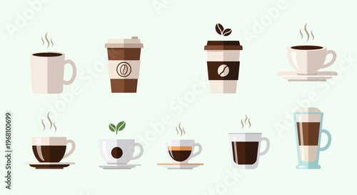 Charming assortment of simple coffee cups, takeaway cups, and glasses with steaming coffee, some featuring coffee beans or heart latte art, presented in a bright studio background.
