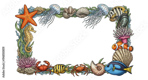 Colorful ocean creatures border frame.