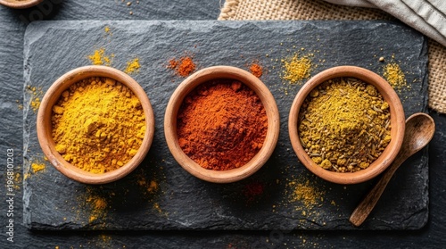 Three small wooden bowls filled with colorful ground spices arranged on a dark slate surface