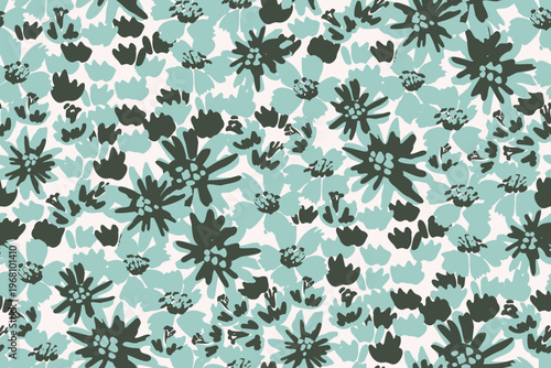 Hand painted garden of florals forming a dense maximalist meadow design in colors of teal and black on off white. Botanical seamless vector pattern. Great for home decor, fabric, wallpaper, gift wrap.